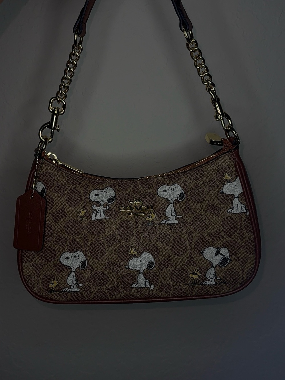Coach Brown Snoopy Print Shoulder Bag with Gold Hardware
